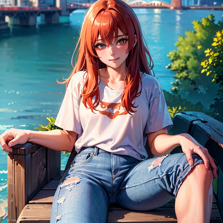 (best quality,ultra-detailed,realistic:1.37),digital art,portrait,girl,red hair,loose jeans,white shirt,subtle smile,cute gaze,sitting on a bench,river in the background,golden hour,daniil suponitskiy jpegman,vibrant colors