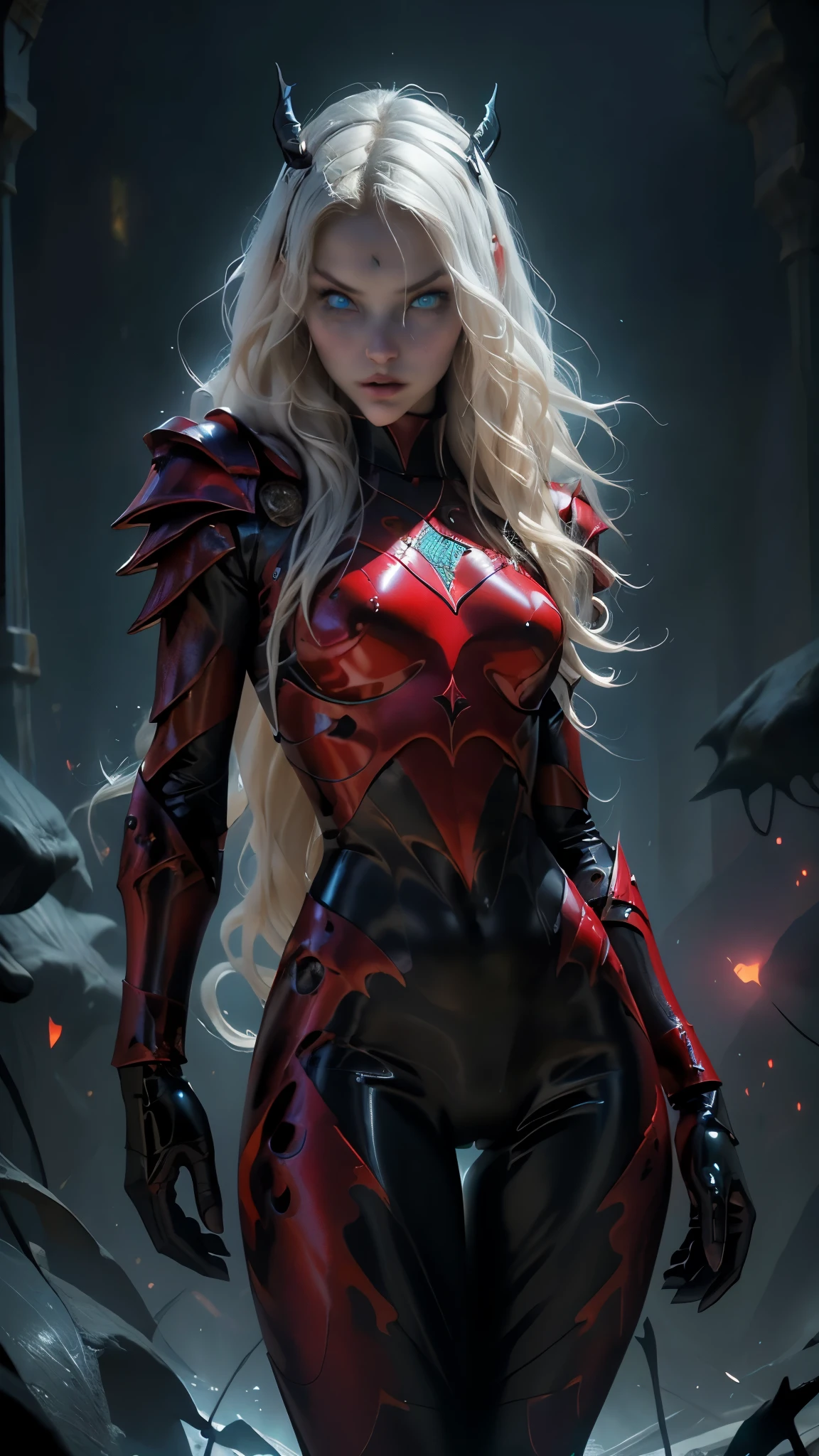 (La mejor calidad,A high resolution,Ultra - detallado,actual),Ariana Grande, poderoso (criatura demoniaca:1.4 ), (red demonic armor :1.4) , demon mask, androgynous man, pose fuerte,( technological heavy armor:1.4) , rieles, estilo de engranaje de metal, Efectos de rayos, (efectos de trueno:1.4) , (cielo oscuro lloviendo V2.1) ,score_9, score_8_up, score_7_up, score_6_up, rating_explicit, 1girl, ((18YO:1.2)), Adult, full lips, big clear eyes, light blue eyes, ((blond hair:1)), (long wavy hair: 1.2),(Detalles de la cara: 1.5, ojos azules brillantes, hermoso rostro, ojos bonitos, Contorno del iris, labios delgados: 1.5, Thin, sharp pale eyebrows, Long, dark eyelashes, double tabs), Dios del trueno, pelo oscuro, fondo de la ciudad infernal, Estructuras altas, fondo de torres infernales, colores rojo oscuro,( apocalyptic V2.1) , distancia lejana, cuerpo completo, rostro perfecto y detallado, detailed symmetrical circular iris, realista, stunning realista photograph, renderizado 3D, renderizado de octanaje, intrincadamente detallado, cinematographic, isometric, dark fantasy theme, mystic, tema oscuro, tema del inframundo, obra maestra del arte desviado, piel blanca, crimson eyes, Tatuajes oscuros, color grading, dark illustration, calidad extrema, extremadamente detallado, Cara ultra detallada, ultra high definition 8k, Dark lightning, arte conceptual, hiperdetallado, intrincadamente detallado gothic art, triadic colors, Fantastic, detalle intrincado, Pantalla de bienvenida, colores complementarios, fantasy arte conceptual, 8k resolution, Soft lighting, film photography, film grain, Hyper realistic, score_9, score_8_up, score_7_up, score_6_up, rating_explicit, 1girl, ((18YO:1.2)), Adult, full lips, big clear eyes, light blue eyes, ((blond hair:1)), (long wavy hair: 1.2),(colores brillantes), (realistic V2.1), (Red latex bodysuit:1.4)