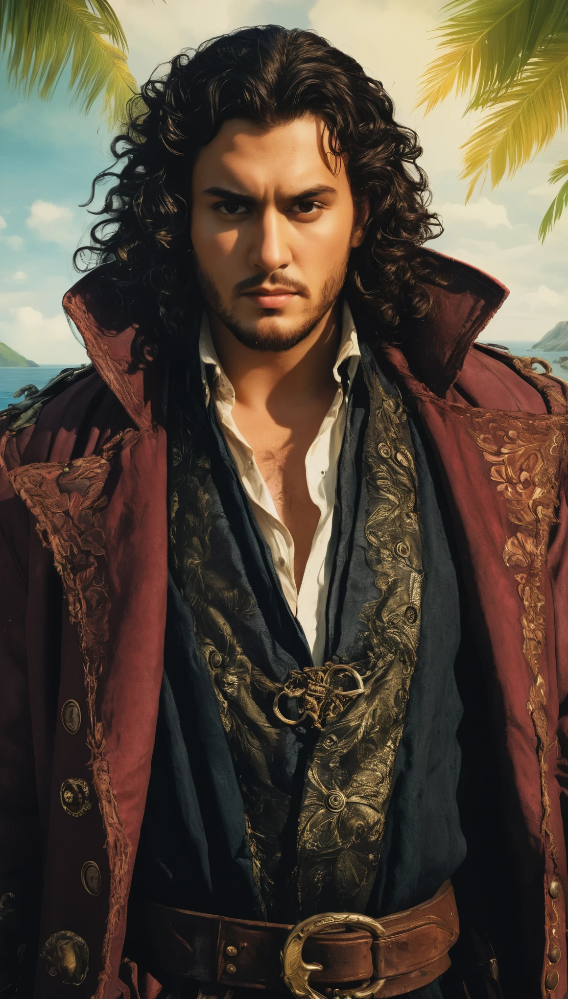 An illustrated movie poster of a pirate king, 28 years-old, wearing a long coat, stocky, soft doughy physique, deep brown eyes, wide bulbous nose, full lips, black hair, curly swept-back hair, thick bushy eyebrows, extremely hairy chest, stomach, and arms, lots of body hair, surrounded by an island paradise, hand-drawn, full color, multi-color, shadows, graphite shading, stencil marks, airbrushed acrylic paint, masterpiece