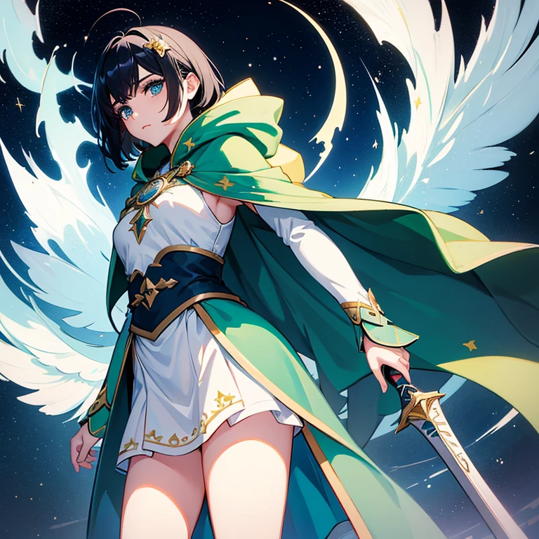 Create a broken hero, with short black hair, olhos amarelos com uma estrela dourada neles, your gender is feminine, ela transmite uma tristeza profunda, wears a green cloak with hoods and a white thermal blouse,with dark navy blue shorts and navy blue tights,com uma espada de sangue