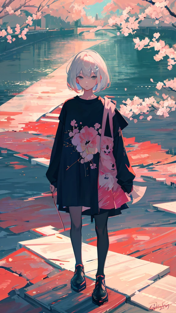 (shape: giant gram), (Flat Color:0.9),(colorful:1.1),(masterpiece:1,2), highest quality, masterpiece, High resolution, original, Highly detailed wallpaper, View your viewers,,,A Cyborg Girl,alone,Portraiture, T-Shirts, Mark Rothko & basquiat style background, oil, abstract expressionism, Expressionless,cherry blossoms,cherry blossomsの花,cherry blossoms並木,Five fingers,Standing with a good-looking face,Gray Hair,Short Bob,river,Water Play,cherry blossoms並木の道を歩く,colorful,Mr.々Color