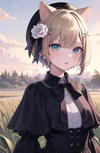 (masterpiece:1.3),((High resolution)),((high quality)),((Super detailed))、One girl、Perfect balance、Perfect Face、Detailed face、Cute face、Beautiful detailed eyes、Expressive eyes、Cute eyes、Shiny eyes、Perfect body、Beautiful body、Highless、Walnut noa、Short Hair、Animal ears、beret、Black Hat、Hair Flowers、White Rose、Barrette、black bow tie、brooch、White shirt、Black Dress、Long sleeve、Puffy sleeves、Black Skirt、Grass、:o. wariza、field、whole body