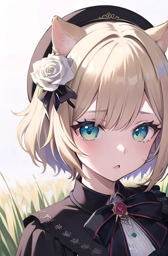 (masterpiece:1.3),((High resolution)),((high quality)),((Super detailed))、One girl、Perfect balance、Perfect Face、Detailed face、Cute face、Beautiful detailed eyes、Expressive eyes、Cute eyes、Shiny eyes、Perfect body、Beautiful body、Highless、Walnut noa、Short Hair、Animal ears、beret、Black Hat、Hair Flowers、White Rose、Barrette、black bow tie、brooch、White shirt、Black Dress、Long sleeve、Puffy sleeves、Black Skirt、Grass、:o. wariza、field、whole body