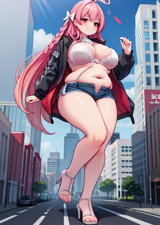 (masterpiece, best quality, highly detailed), 1girls, big belly, huge belly, art by kipteitei, round belly, chubby, curvy, belly grab, enormous belly, fat belly, thicc, bigger belly, really big belly, jiggly belly, glasses, unzipped jacket, (no shirt), bra, thight shorts, high heels, smug face ((full body)), long hair, ((dominant)), giantess