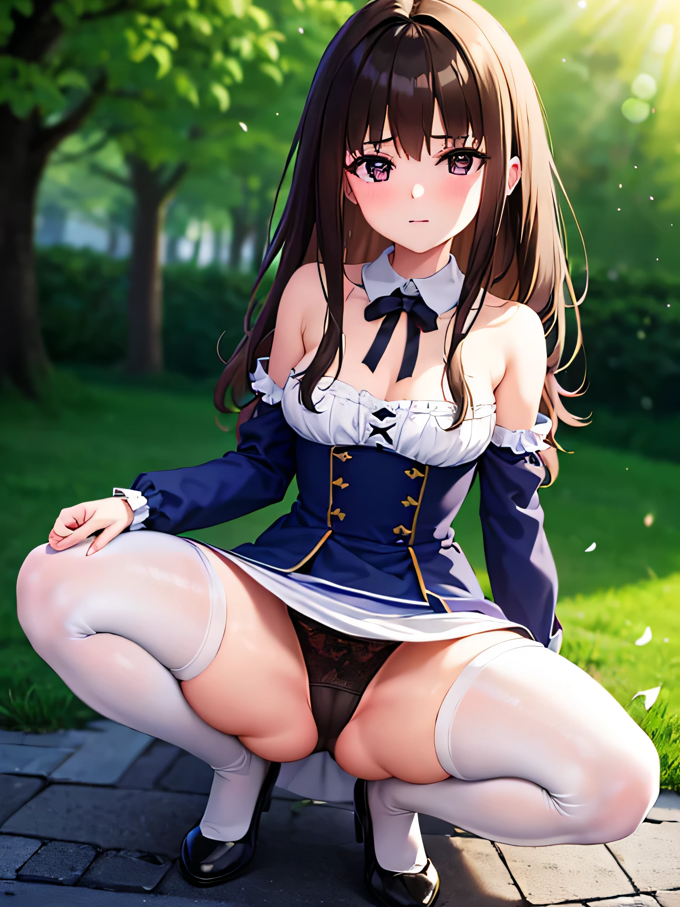 anime - style image of a woman in a white bra top and panties, seductive anime girl, marin kitagawa fanart, makoto shinka, rin, small curvy , anime best girl, sexy pose, smooth anime cg art, asuka suit under clothes!, cushart krenz key art feminine, ayaka genshin impact, zerochan art, white panties,cameltoe,full body,white pantyhose,squatting,pantyshot,å©•ä¸,1girl,star earrings,solo, black hair,braid,medium hair,bangs,bright pupils,brown eyes,hair between eyes,white pupils, inoue takina
metal collar,neck ribbon,white shirt,black ribbon,center frills,corset dress,blue dress,long sleeves,frilled skirt,medium breasts,collarbone,smile, blush,
mary janes,outdoors,grass,wind,wind lift,falling leaves,, Exquisite visuals, high-definition,masterpiece,best quality,, ,Young female,Beautiful Fingers,Beautiful long legs,Beautiful body,Beautiful Nose,Beautiful character design, perfect eyes, perfect face,expressive eyes,
official art,extremely detailed CG unity 8k wallpaper, perfect lighting,Colorful, Bright_Front_face_Lighting,shiny skin,
(masterpiece:1.0),(best_quality:1.0), ultra high res,4K,ultra-detailed, (One lady)、(masterpiece)、(best qualtiy)、(ultra-detailliert)、(a high chroma)、(CG Illustration)、((Full Angle))、Female, 16 yicate beautiful face、(red blush)、(Wavy long hair、Dark blonde hair)、(dishevled hair)、((Shoulder top))、See-through clothes:1.3、((Black stockings))、(Pink Lace Panties)、(Dark blue pleated skirt)、(teats)、breasts of medium size,、((turned around))、(Woman sitting on the floor)、The best lighting、simple background
photography, 8K, HDR, highres, absurdres:1.2, Kodak portra 400, film grain, blurry background, bokeh:1.2, lens flare, (vibrant_color:1.2), (beautiful_face:1.5),(narrow_waist), ,NSFW,