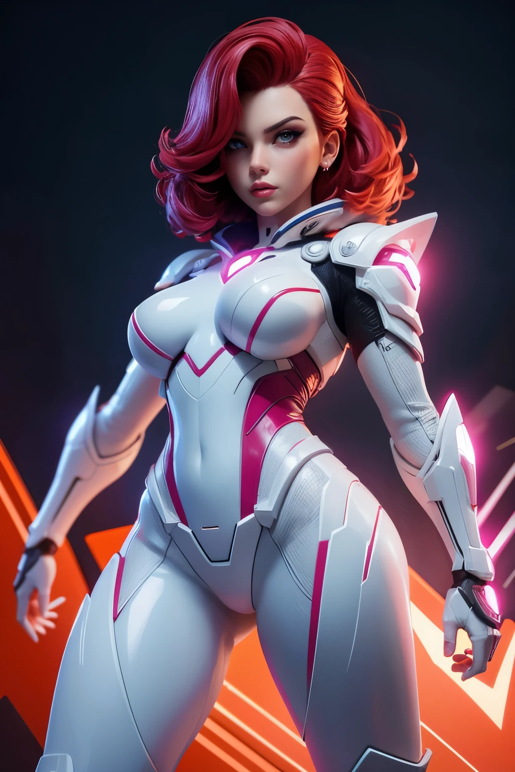 Scarlett Johansson on an alien planet, pelo rizado rojo brillante, Aesthetics of the female body, glowing cyber armor, inserciones de color blanco brillante y naranja en la armadura, white plastic liners, shiny plastic armor pieces, huge plastic shoulder pads, muchos detalles, aparatos de espionaje colgados en la armadura, Glowing neon clues on the armor., super detail, luz nocturna tenue, ambiente acogedor, pose heroica, comic superhero, calidad 4K