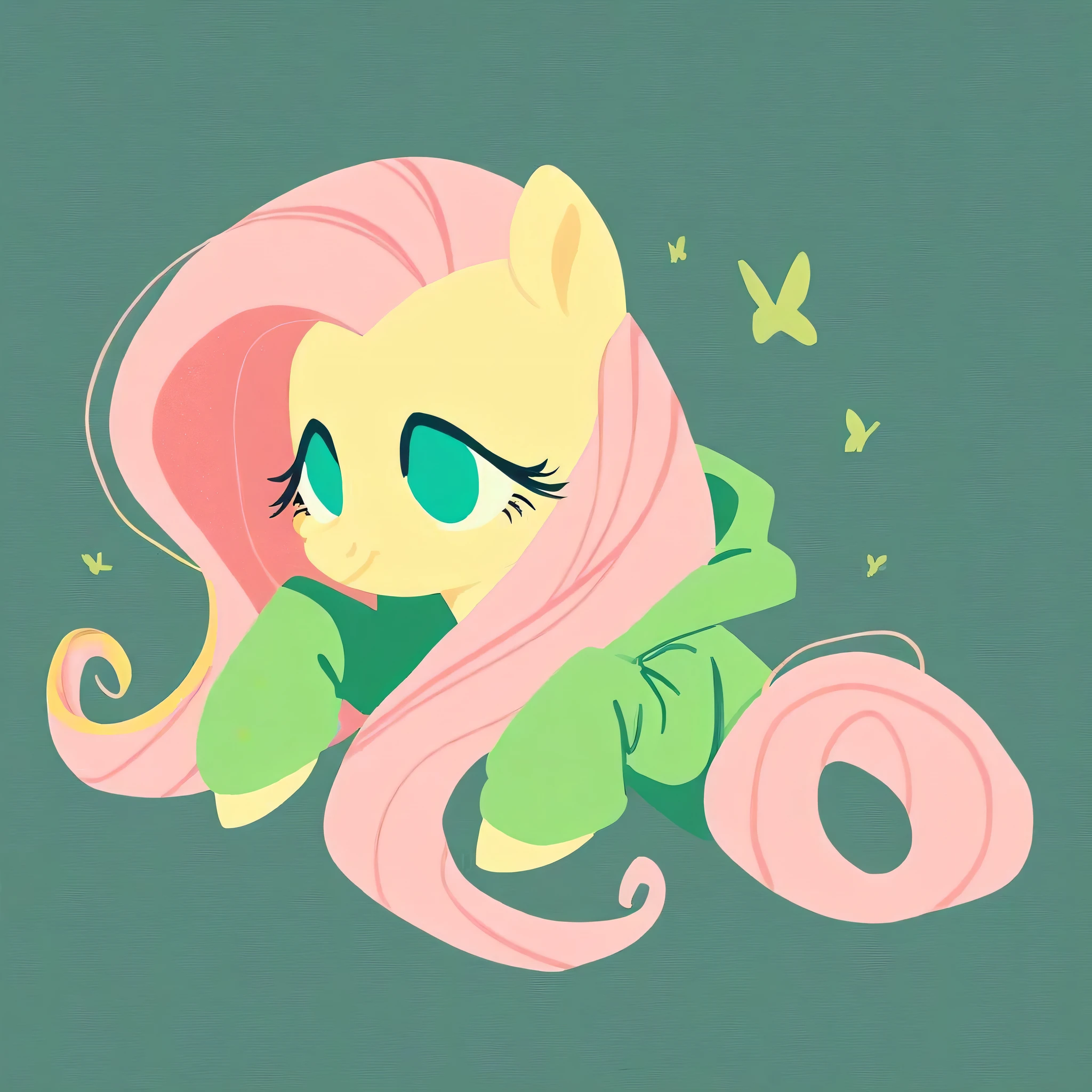 score_9, score_8_up, score_7_up, score_6_up, score_5_up, score_4_up, rating_safe, minimalist lineless art, pony, fluttershy, (wearing a green hoodie)