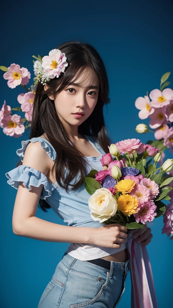 Lots of flowers on blue background, Ultra-fine inspired by Lu Guang, cg Social Hotspot, Psychedelic Art, Magical colorful flowers, detailed flowers, Magical flowers, Rich colors, Extremely complex和丰富多彩, Surreal Waizi Flowers, Complex colors, Flowers with intricate details, Gorgeous flowers, Vibrant, rich in color, Extremely complex