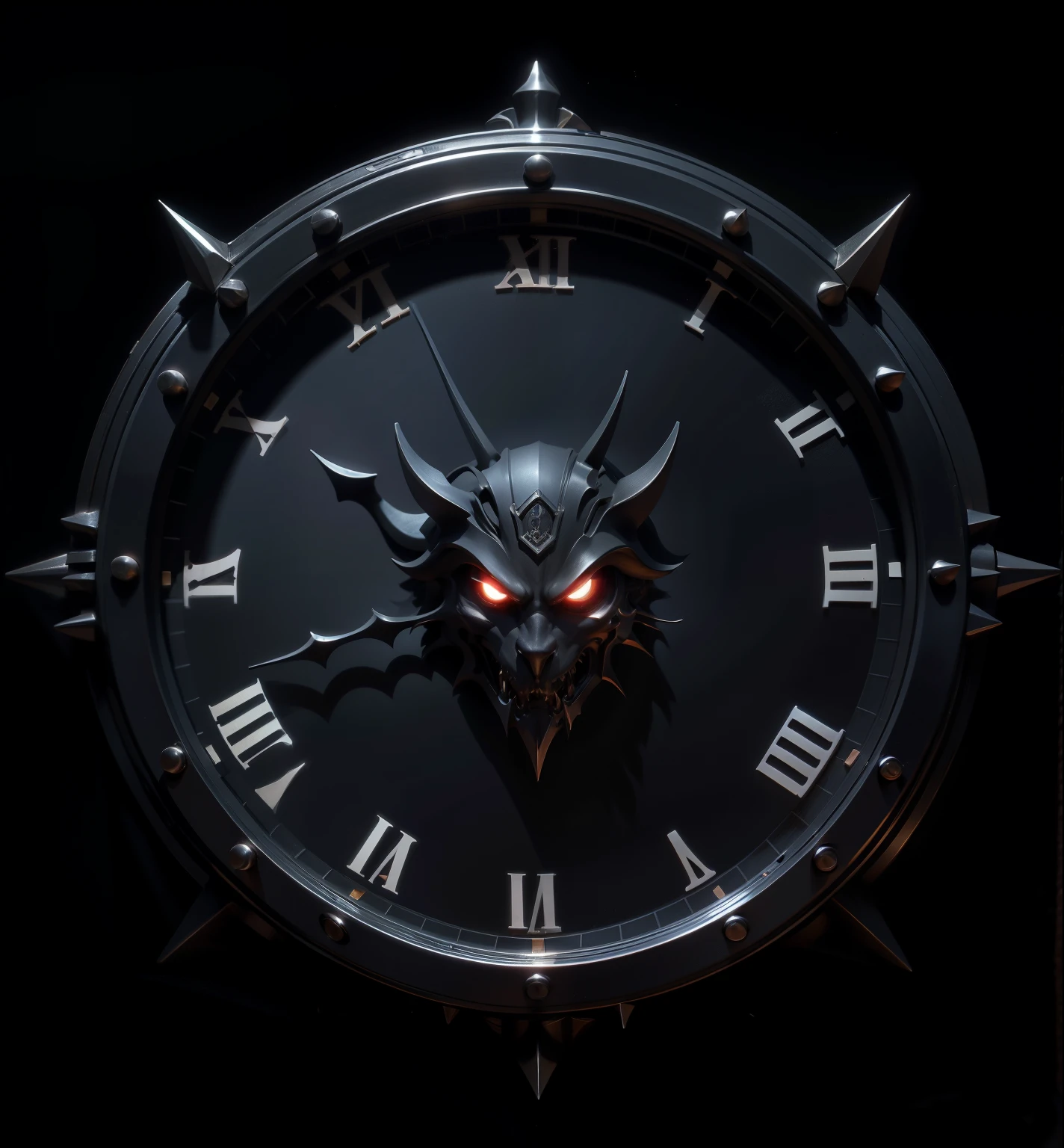 (大clock:1),pointer,clock中间有个恶魔头,(Spiked outline:1),Dark,clock,metallic feel,安Dark概念艺术,HD Wallpapers,8k,完整的clock,European pattern,(No human-related:1),