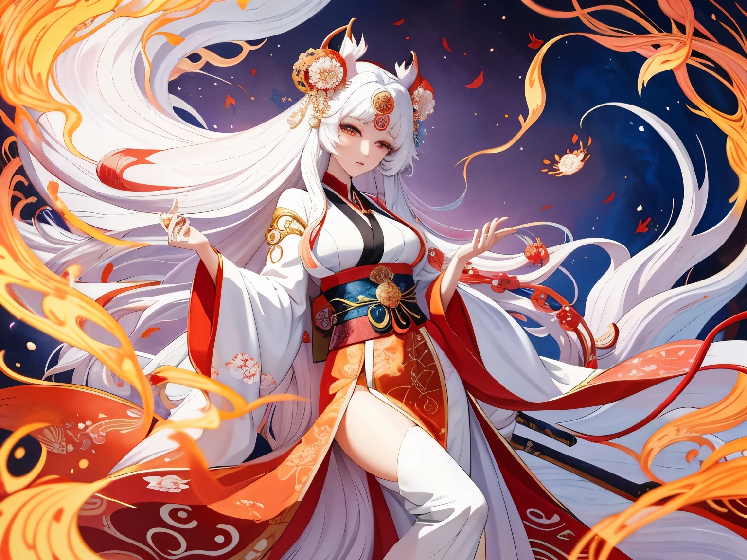 a painting of a woman with long hair and a flower in her hand, korean art nouveau anime, japanese goddess, flowing hair and long robes, anime fantasy illustration, inspired by Sōami, akira from chinese mythology, japanese art style, a beautiful kitsune woman, inspired by Nōami, inspired by Tsukioka Yoshitoshi, autumnal empress