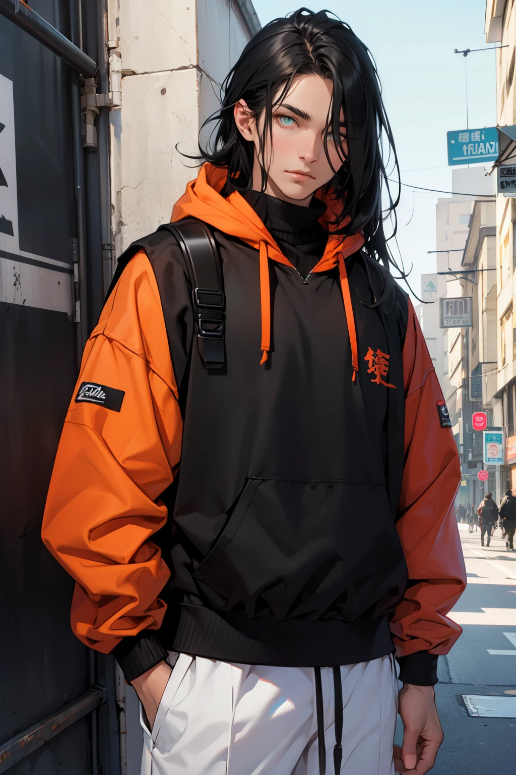 (1 man), (long black hair), amber eyes, hair over eye, streetwear
