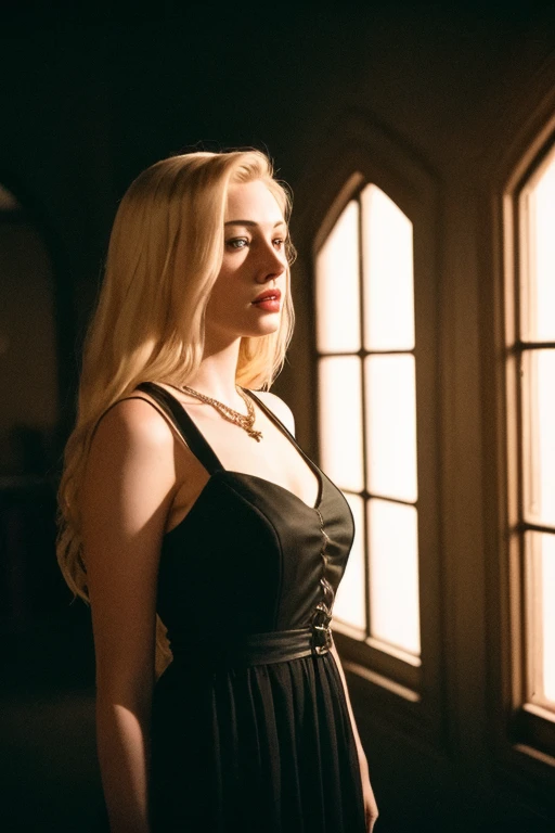 RAW photo, (close-up:1.2), portrait photo of a (pale:1.2) (blonde) 20 y.o woman [Sarah Gadon | Elle Fanning] with long, smooth hair, lipstick, golden necklace, long red fingernails, wearing an (ankle-length white gothic dress, ornate, stained with blood,) standing in a (dark gothic) corridor at night, lit by dim moonlight rays through the windows, cinematic film still from 1990s horror movie, film grain, night, dark dramatic, Dark Aesthetic, Backlight, rays of moonlight, dust in rays, moody lighting, dark color, dark, ominous, haunting, foreboding, gloomy, stormy, sinister, shadowy, harrowing, storm, lightning, 8k uhd, high quality, film grain, Fujifilm XT3