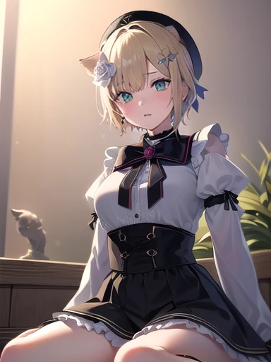 (masterpiece:1.3),((High resolution)),((high quality)),((Super detailed))、One girl、Perfect balance、Perfect Face、Detailed face、Cute face、beautiful詳細な目、Expressive eyes、Cute eyes、Shiny eyes、Perfect body、beautiful体、Highless、Walnut noa、Short Hair、Animal ears、beret、Black Hat、Hair Flowers、White Rose、Barrette、black bow tie、brooch、White shirt、Black Dress、Long sleeve、Puffy sleeves、Black Skirt、Grass、:o. wariza、(head shot)、Embarrassing、blush、beautiful女の子、Cute face、beautiful顔、Cute face、beautiful、Best Quality、good anatomy、smile、Closed Mouth、((Full Body)),((Super detailedな背景)), Mistress Pose, ((8K Wallpaper)) , Watching the audience, Moody lighting, In-person audience、Sitting、From below、(NSFW:1.3)、field、whole body
