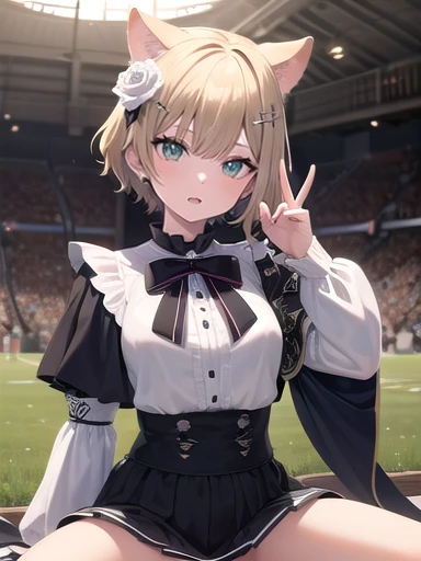 (masterpiece:1.3),((High resolution)),((high quality)),((Super detailed))、One girl、Perfect balance、Perfect Face、Detailed face、Cute face、beautiful詳細な目、Expressive eyes、Cute eyes、Shiny eyes、Perfect body、beautiful体、Highless、Walnut noa、Short Hair、Animal ears、beret、Black Hat、Hair Flowers、White Rose、Barrette、black bow tie、brooch、White shirt、Black Dress、Long sleeve、Puffy sleeves、Black Skirt、Grass、:o. wariza、(head shot)、Embarrassing、blush、beautiful女の子、Cute face、beautiful顔、Cute face、beautiful、Best Quality、good anatomy、smile、Closed Mouth、((Full Body)),((Super detailedな背景)), Mistress Pose, ((8K Wallpaper)) , Watching the audience, Moody lighting, In-person audience、Sitting、From below、(NSFW:1.3)、field、whole body