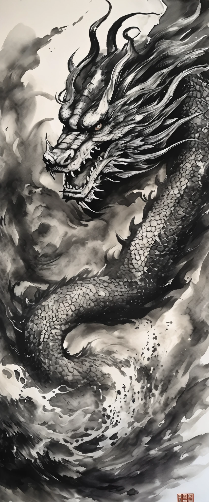 Ink painting of a dragon、Black and White Dragon、Black and white ink painting、Dragon ink painting、Divine Dragon ink painting、No people are depicted、A sumi-e painting of Shenron alone、