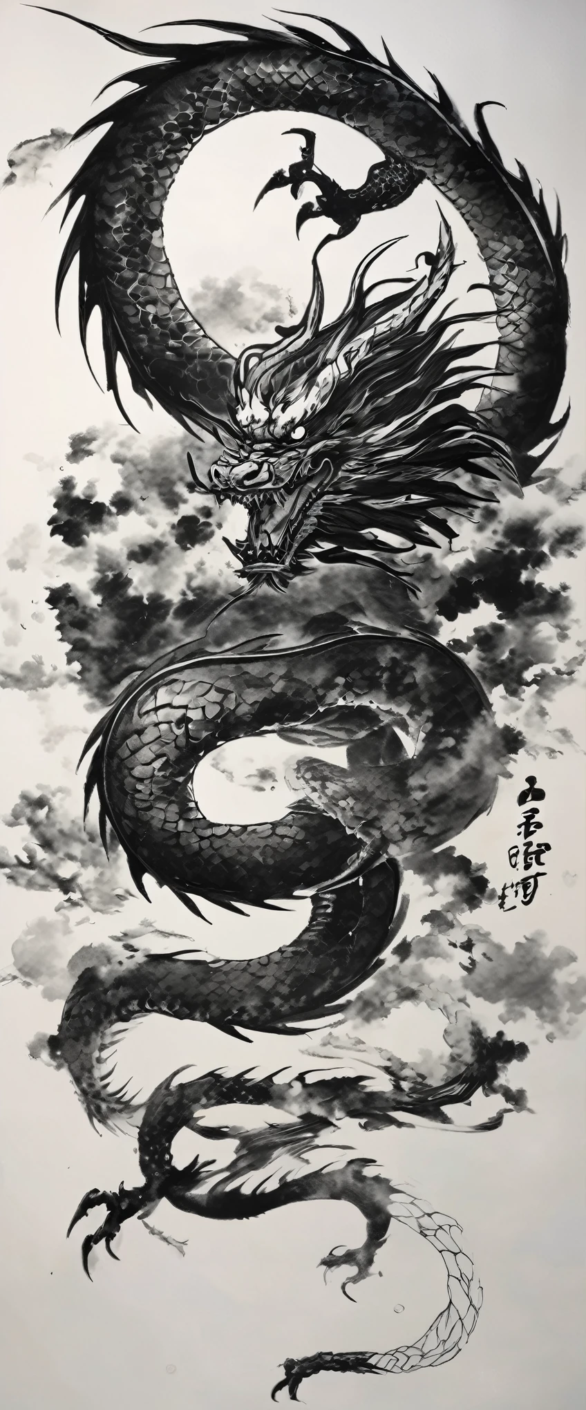 Ink painting of a dragon、Black and White Dragon、Black and white ink painting、Dragon ink painting、Divine Dragon ink painting、No people are depicted、A sumi-e painting of Shenron alone、