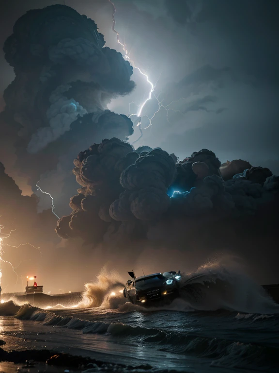 Spectacular scene with live action of wind and large waves crashing with excessive force forming a transparent dragon head and blue lightning flash effects hitting tall buildings on urban roads, the sky looks dark, several cars are overturned and buildings are damaged due to the effects of an earthquake, photos taken at length 8mm focus and f11 brightness with Canon series lenses. Realistic photography.