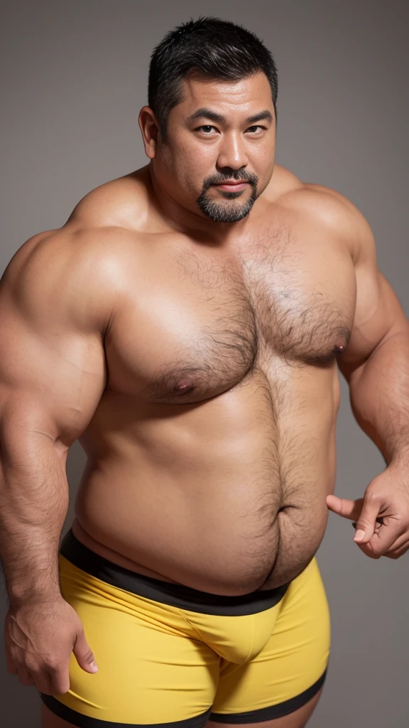black hair, middle-aged man, individual, male, Muscular wrestler, muscular, Stout wrestler, Asian, Japanese, uncle, 55 year old middle-aged man, short hair, short hair, yellow wrestling boots, full body portrait, shadow, Vision, yellow briefs, obesity, 45 years old, short beard, middle-aged man, tattoo, fingerless gloves, Wheat skin, shiny skin, dark skin, Show your pectoral muscles, sumo wrestler, bodybuilder, wide temples, Visible abdominal muscles, Smile, Fine hands, solid color background, pure white background, Surrealism, Panorama, 8k, super detail,