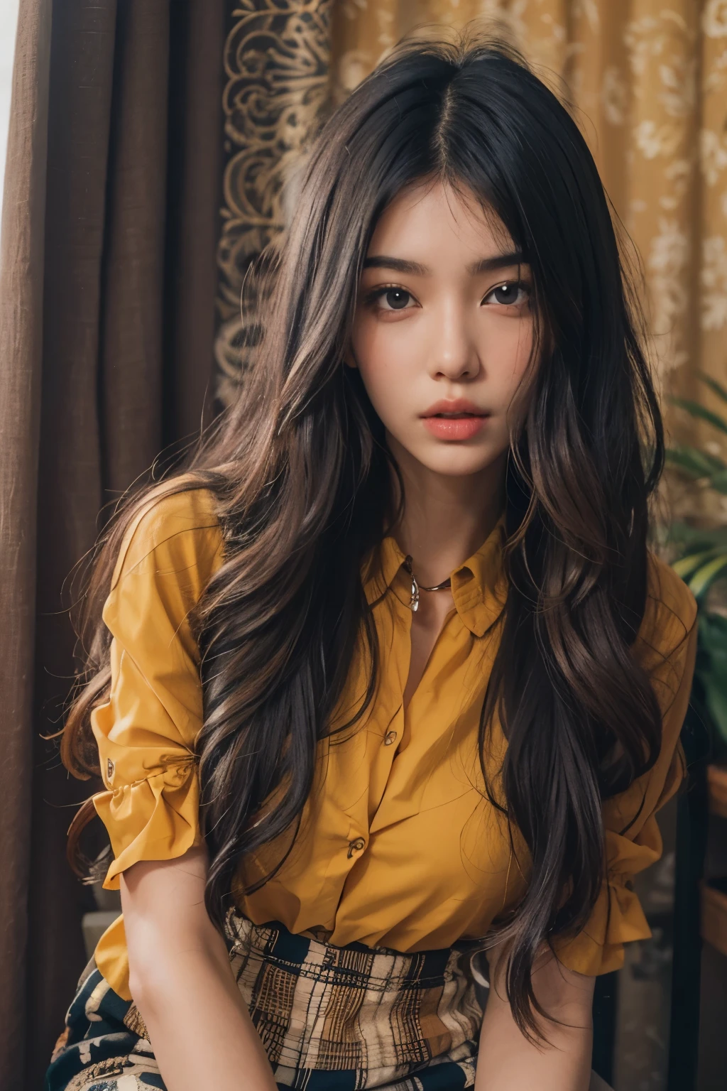 Araped woman wearing multi-colored blouse with long black hair, mustard colored skirt, curtain bangs, No makeup, wavy hair, Madison Beer, without makeup, 중앙에서 분리된 curtain bangs, Profile picture, Use Instagram Filters, Subtle soft and dim light, Pose sitting in front of a laptop, perfect face, julia sardinian, perfect hands,