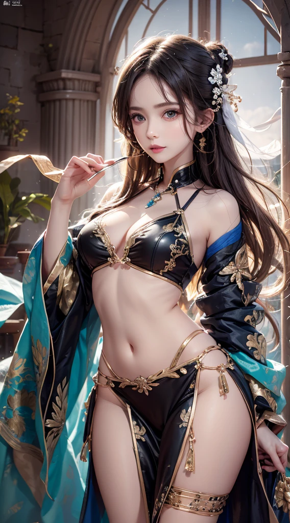 photorealistic, high resolution, 1women, solo, hips up, jewelry, tattoo, wavy hair, hanfu