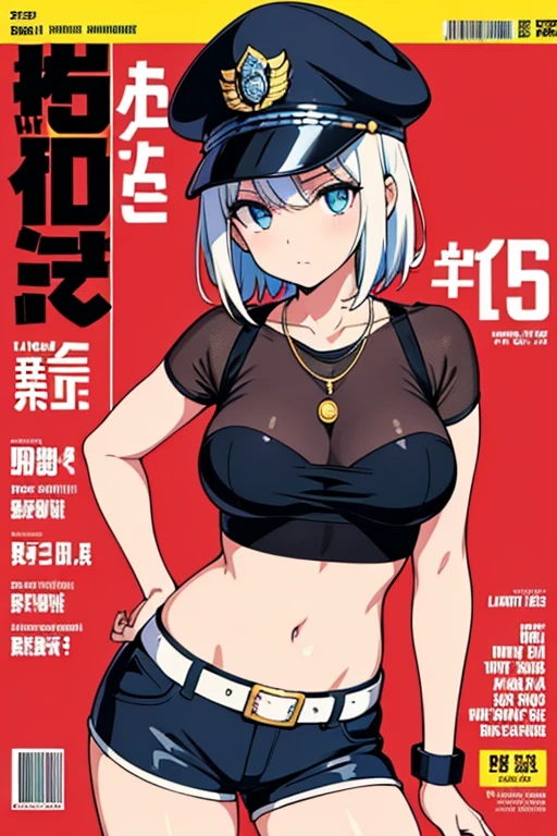 ))), (((ultra detailed))), (((masterpiece))), illustration,(Magazine cover-style illustration of a fashionable woman in a vibrant outfit), posing in front of a colorful and dynamic background. She has a confident expression and is holding a statement accessory, The text on the cover should be bold and attention-grabbing, with the title of the magazine and a catchy headline. The overall style should be modern and trendy, with a focus on fashion and lifestyle), 1girl,solo,looking at viewer, glossy skin, contrapposto, navel, midriff, necklace, female focus,model,medium breasts, ,street,in public,police hat, police uniform, handcuffs,short shorts, arms crossed, cool, see-through, ,jitome, ,underboob,floating hair, sexy ,fine fabric emphasis, dynamic pose, negative space:0.35, realistic:1.33,