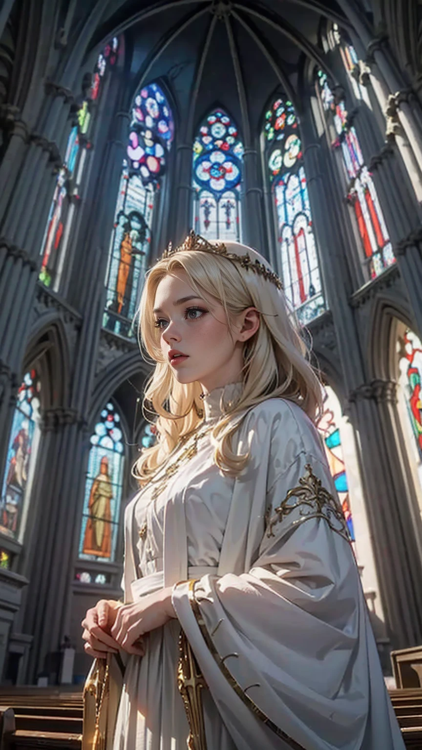 ((最high quality, 8K, masterpiece: 1.3, Ultra HD, high quality, 最high quality, High resolution, realism)) 、White woman、Platinum Blonde、long hair、wavy hair、Valkyrie、In the cathedral of a church with stained glass、Light shines through the stained glass