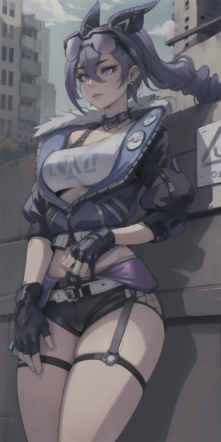 SilverWolfV4, gloves, hair between eyes, jewelry,purple black jacket, earrings, black gloves, fishnets, purple black fingerless gloves, sunglasses, eyewear on head, ((white ponytail, hair bow, drill hair, ))white tank tight top,
(masterpiece, top quality, best quality, official art, beautiful and aesthetic:1.2), (1 girl), extreme detailed, colorful, highest detailed,
(huge breasts:1.2,) upper body, from below, cameltoe,
city,street, leaning, wall, sun, cloud,