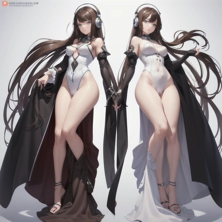 Multiple Views of the same character,Charterner v2, One girl, Slender figure, (Headphones),Brown Hair, Long Hair, blue eyes, same clothes, Concept Art, detailed_face, line_sketch, plan, Official Art, Official Alternative Costumes, Design style, multi style, detailed character, 4_~ side, original, 8K GC, massive detailed, Multiple Views of the same character, White background, character, technical illustration, Multiple Views,masterpiece,highest quality