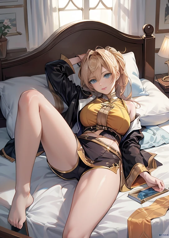 best quality, realism, real, photo: 1.4), Ji Xiaoman, Blond, blue eyes, big breasts, thick legs, laying on bed, real, photo"
