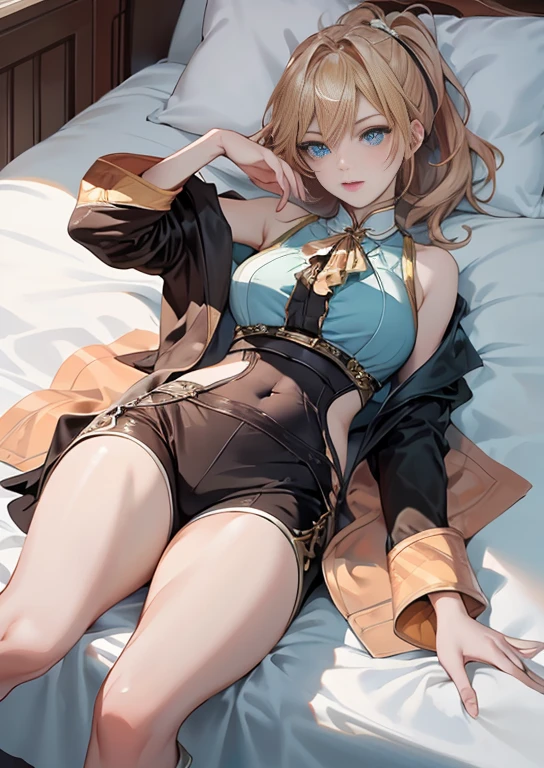 best quality, realism, real, photo: 1.4), Ji Xiaoman, Blond, blue eyes, big breasts, thick legs, laying on bed, real, photo"