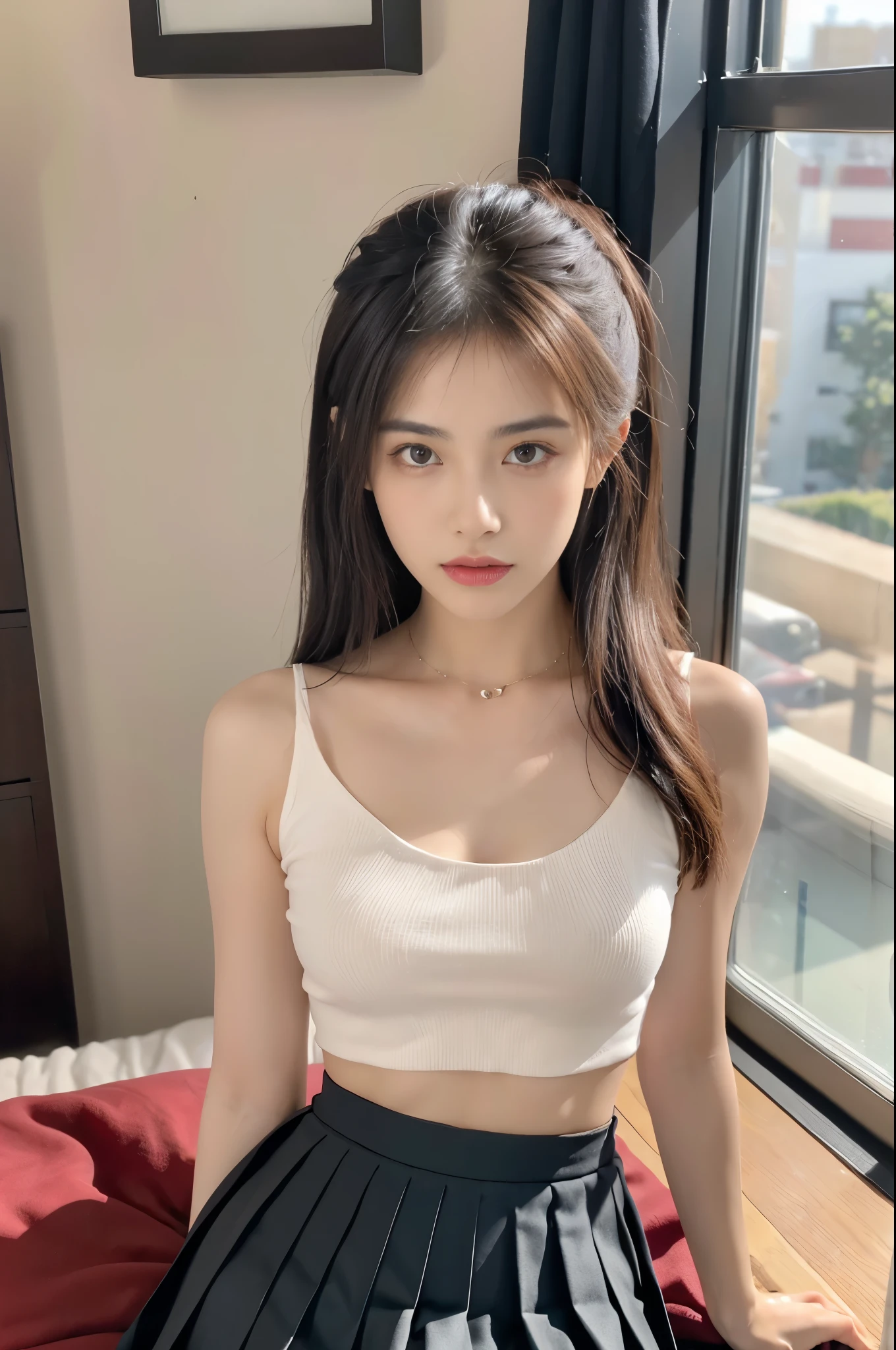 realistic, high resolution, 1 girl, , beautiful eyes, tight white top, white shorts, medium, lively, navel, delicate facial features, ((sitting)) ((open legs))