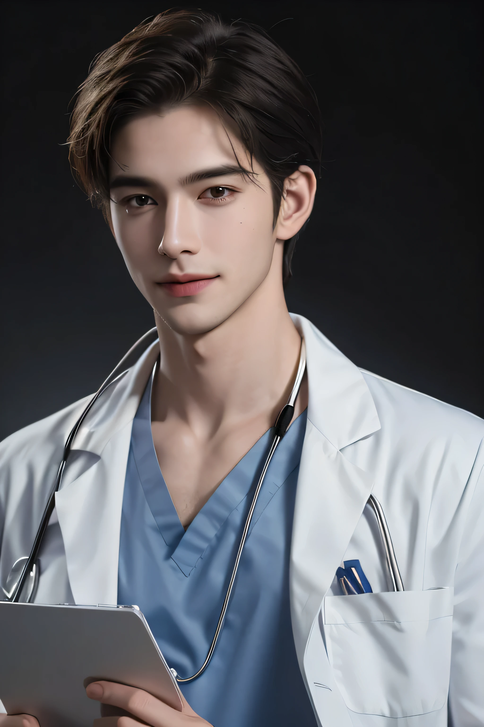 1 boy,Handsome face, perfect male body,look at the camera, smile,(Doctor, white coat, notebook in hand, stethoscope, hospital ward),Dim light,masterpiece,whole body portrait,Ray tracing