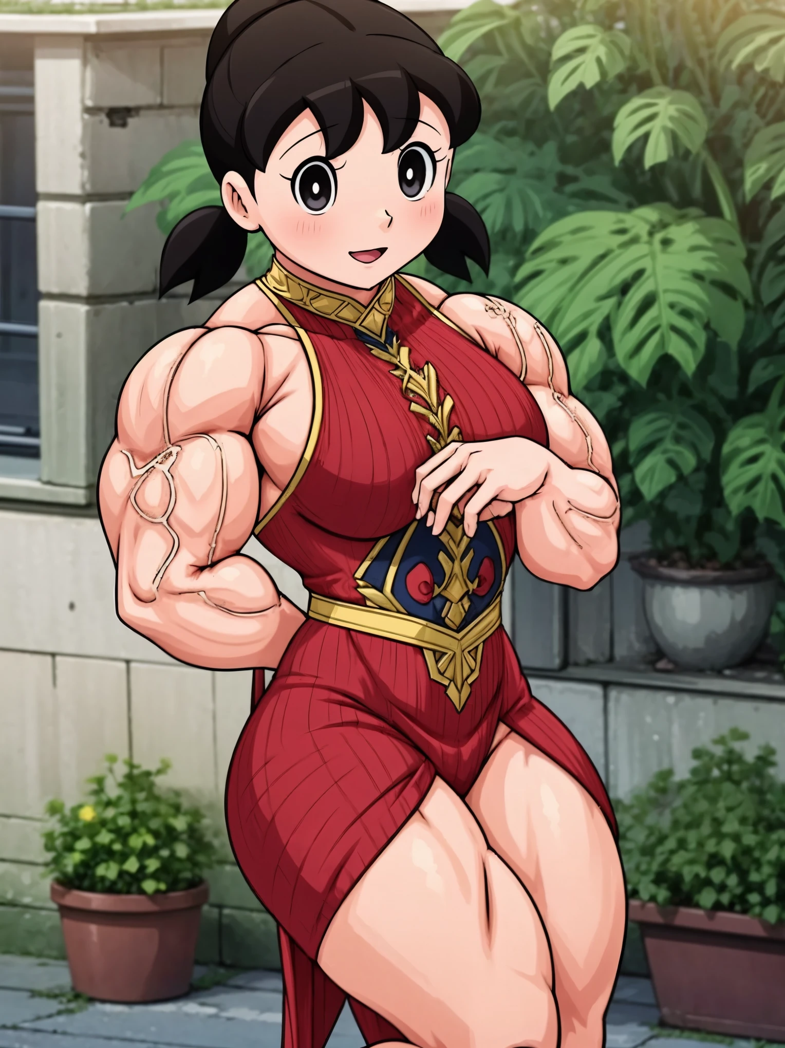 In a beautiful countryside, under the warm sunlight, stands Shizuka Minamoto, a big muscular female bodybuilder. Her toned muscles glisten with sweat as she confidently poses in front of a blooming garden. Her body is a masterpiece of strength and determination, adorned with bulging biceps, defined six-pack abs, and powerful legs. Shizuka's eyes sparkle with determination and focus, while her lips form a determined smile. Her long eyelashes add to her overall beauty and charm. The artwork depicts Shizuka in a hyper-realistic style, resembling a high-resolution photograph. Every detail of her physique is captured with extreme precision, showcasing the dedication and hard work she has put into her training. The lighting in the scene highlights her muscular contours, creating a visually striking composition. The garden surrounding Shizuka is filled with vibrant colors, with flowers of various hues and shades. The lush green grass provides a natural and refreshing backdrop. The scene is bathed in warm, golden sunlight, casting soft, cascading shadows across the landscape. The overall color tone of the image is vivid and vibrant, enhancing the energetic atmosphere. The medium used to create this artwork is a combination of traditional illustration and digital painting techniques. The fine details and textures of Shizuka's muscles are painstakingly hand-drawn, while the background and foliage are digitally rendered for a realistic and immersive experience. The result is a visually stunning artwork that showcases the beauty and strength of the human body. In summary, the Stable Diffusion prompt for this artwork is: Shizuka Minamoto, big muscular female bodybuilder, beautiful countryside, confident pose, bulging biceps, defined abs, powerful legs, determined eyes and lips, long eyelashes, hyper-realistic, high-resolution, vibrant colors, warm sunlight, detailed muscles, traditional illustration combined with digital painting, realistic foliage, vivid and vibrant color.