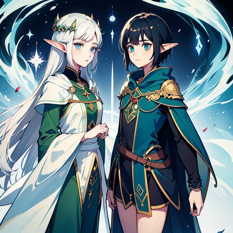 Crie, an elf woman with short black hair, olhos amarelos com uma estrela dourada neles, your gender is feminine, ela transmite uma tristeza profunda, wears a green cloak with hoods and a white thermal blouse,with dark navy blue shorts and navy blue tights,com uma espada de sangue 