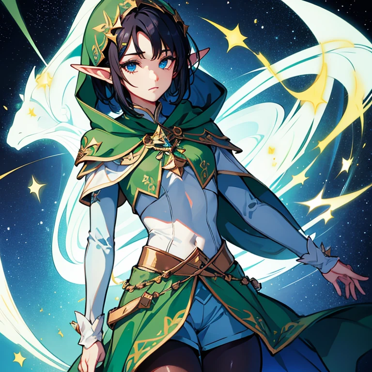 Crie, an elf woman with short black hair, olhos amarelos com uma estrela dourada neles, your gender is feminine, ela transmite uma tristeza profunda, wears a green cloak with hoods and a white thermal blouse,with dark navy blue shorts and navy blue tights,com uma espada de sangue 