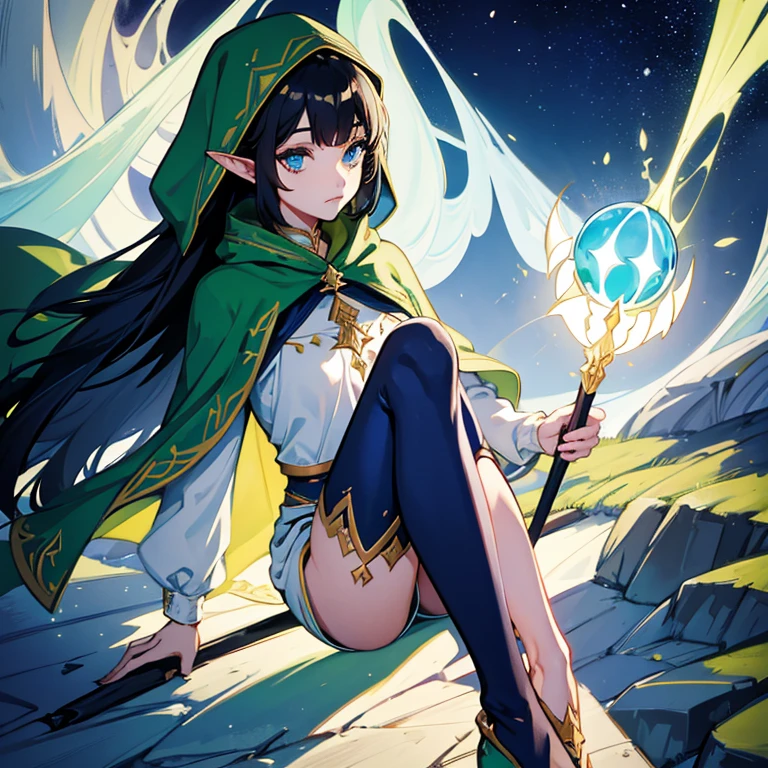 Crie, an elf woman with short black hair, olhos amarelos com uma estrela dourada neles, your gender is feminine, ela transmite uma tristeza profunda, wears a green cloak with hoods and a white thermal blouse,with dark navy blue shorts and navy blue tights,com uma espada de sangue 