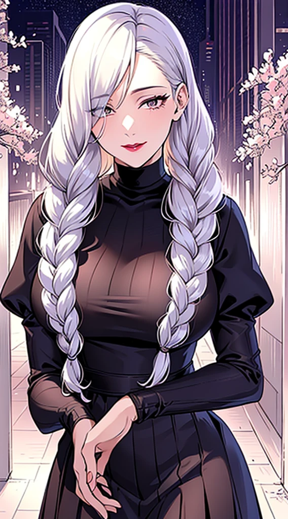 Ultra-realistic 8k CG, masterpiece, ((Super detailed background, Exquisite pattern, intricate details)), (Very detailed, Exquisite details), best quality, 1 girl, (lifelike:1.4),beautiful lights,  ridiculous, original photo, film grain, ((medium breasts, slim girl)), 1 girl, maybe, alone, long hair, braid, skirt, hair covering one eye, Smile, long sleeves, braided bangs, black skirt, braided ponytail, white hair, puffy sleeves, Keep, pink turtleneck skirt, cosmetic, gray hair, red lips, one eye covered, lipstick, open lips, single braid, (Complex and detailed background, external, city environment),