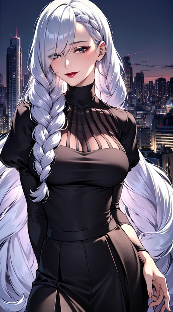 Ultra-realistic 8k CG, masterpiece, ((Super detailed background, Exquisite pattern, intricate details)), (Very detailed, Exquisite details), best quality, 1 girl, (lifelike:1.4),beautiful lights, ridiculous, original photo, film grain, ((medium breasts, slim girl)), 1 girl, maybe, alone, long hair, braid, skirt, hair covering one eye, Smile, long sleeves, braided bangs, black skirt, braided ponytail, white hair, puffy sleeves, Keep, pink turtleneck skirt, cosmetic, gray hair, red lips, one eye covered, lipstick, open lips, single braid, (Complex and detailed background, external, city environment),