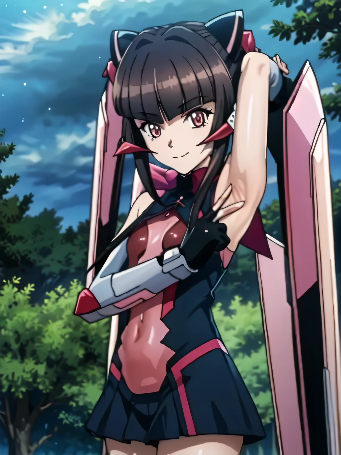 best quality, extremely detailed cg, (twintails:1.2), shulshagana,  shirabe, looking at viewer, solo, night sky, forest, arms behind head, contrapposto, spread armpits, closed mouth, smile, (cowboy shot:1.5), depth of field, 