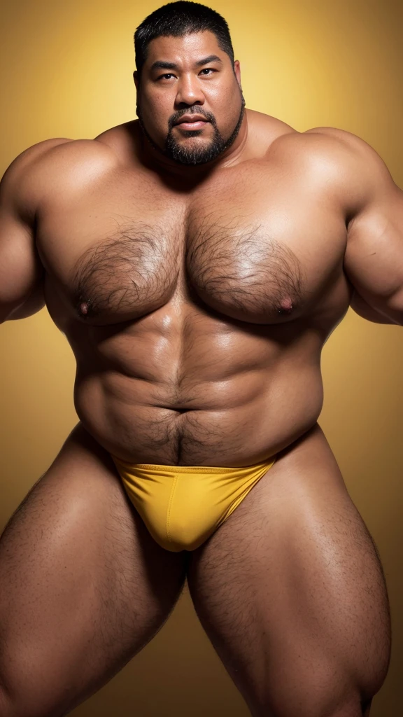 black hair, middle-aged man, individual, male, Muscular wrestler, muscular, Stout wrestler, Asian, Japanese, uncle, 55 year old middle-aged man, short hair, short hair, yellow wrestling boots, full body portrait, shadow, Vision, yellow briefs, obesity, 45 years old, short beard, middle-aged man, tattoo, fingerless gloves, Wheat skin, shiny skin, dark skin, Show your pectoral muscles, sumo wrestler, bodybuilder, wide temples, Visible abdominal muscles, Smile, Fine hands, solid color background, pure white background, Surrealism, Panorama, 8k, super detail，