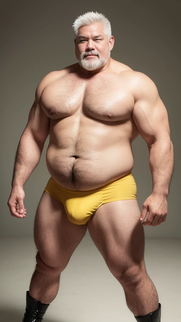 white hair, old man, individual, male, Muscular wrestler, muscular, Stout wrestler, Asian, Japanese, uncle, 55 year old middle-aged man, short hair, short hair, yellow wrestling boots, full body portrait, shadow, Vision, yellow briefs, obesity, 45 years old, short beard, middle-aged man, tattoo, fingerless gloves, Wheat skin, shiny skin, dark skin, Show your pectoral muscles, sumo wrestler, bodybuilder, wide temples, Visible abdominal muscles, Smile, Fine hands, solid color background, pure white background, Surrealism, Panorama, 8k, super detail，