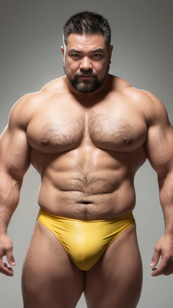 white hair, old man, individual, male, Muscular wrestler, muscular, Stout wrestler, Asian, Japanese, uncle, 55 year old middle-aged man, short hair, short hair, yellow wrestling boots, full body portrait, shadow, Vision, yellow briefs, obesity, 45 years old, short beard, middle-aged man, tattoo, fingerless gloves, Wheat skin, shiny skin, dark skin, Show your pectoral muscles, sumo wrestler, bodybuilder, wide temples, Visible abdominal muscles, Smile, Fine hands, solid color background, pure white background, Surrealism, Panorama, 8k, super detail,