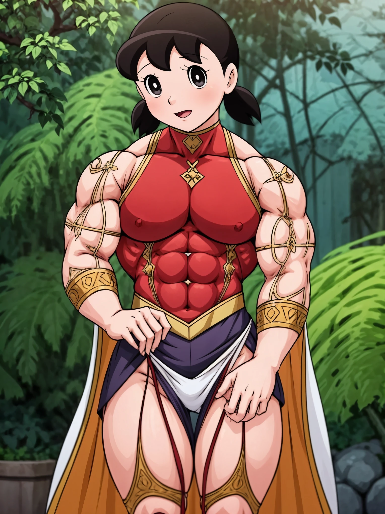 In a beautiful countryside, under the warm sunlight, stands Shizuka Minamoto, a big muscular female bodybuilder. Her toned muscles glisten with sweat as she confidently poses in front of a blooming garden. Her body is a masterpiece of strength and determination, adorned with bulging biceps, defined six-pack abs, and powerful legs. Shizuka's eyes sparkle with determination and focus, while her lips form a determined smile. Her long eyelashes add to her overall beauty and charm. The artwork depicts Shizuka in a hyper-realistic style, resembling a high-resolution photograph. Every detail of her physique is captured with extreme precision, showcasing the dedication and hard work she has put into her training. The lighting in the scene highlights her muscular contours, creating a visually striking composition. The garden surrounding Shizuka is filled with vibrant colors, with flowers of various hues and shades. The lush green grass provides a natural and refreshing backdrop. The scene is bathed in warm, golden sunlight, casting soft, cascading shadows across the landscape. The overall color tone of the image is vivid and vibrant, enhancing the energetic atmosphere. The medium used to create this artwork is a combination of traditional illustration and digital painting techniques. The fine details and textures of Shizuka's muscles are painstakingly hand-drawn, while the background and foliage are digitally rendered for a realistic and immersive experience. The result is a visually stunning artwork that showcases the beauty and strength of the human body. In summary, the Stable Diffusion prompt for this artwork is: Shizuka Minamoto, big muscular female bodybuilder, beautiful countryside, confident pose, bulging biceps, defined abs, powerful legs, determined eyes and lips, long eyelashes, hyper-realistic, high-resolution, vibrant colors, warm sunlight, detailed muscles, traditional illustration combined with digital painting, realistic foliage, vivid and vibrant color.