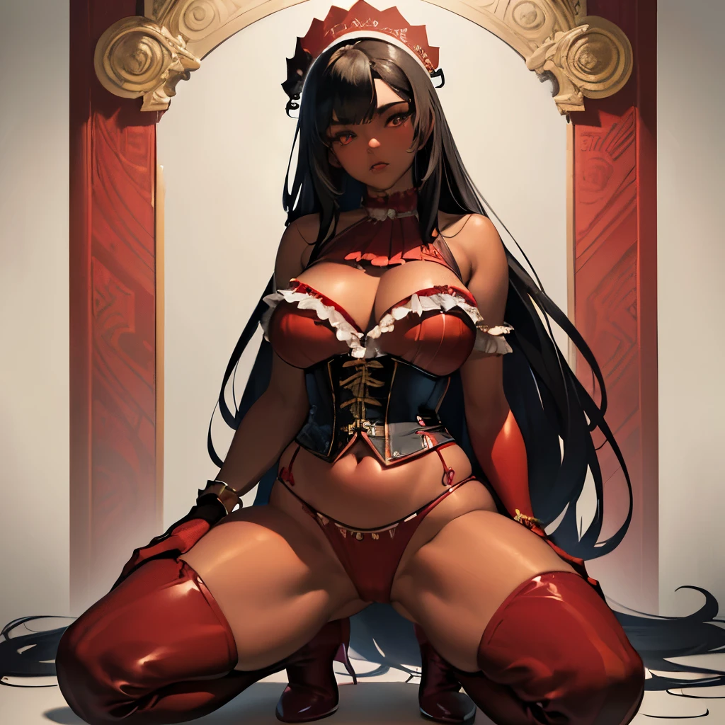 masterpiece, best quality, masterpiece, godlike quality, godlike art, highly detailed face, highly realistic, (((native American))), 1woman , curvy, black hair, long hair, coco skin. ((red bustier, red corset, red panties, black vertical stripes)), (black thigh high boots), black boots, (long gloves, black gloves). kneeling, ass towards camera