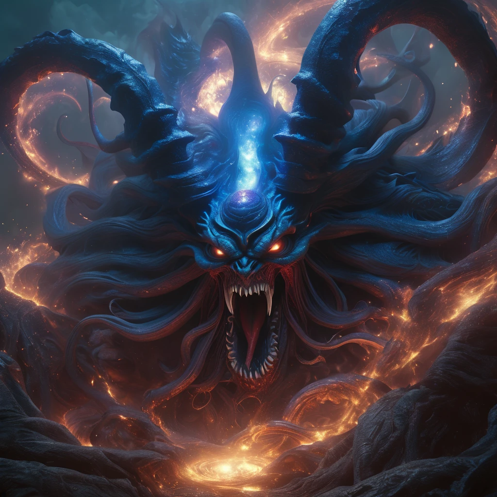 (best quality,4k,8k,height,Masterpiece:1.2),very detailed,(realistic,photorealistic,photo-realistic:1.37),A giant three-faced demon from another dimension was summoned from a magic circle., The horror of the universe, A deformed head with twisted tentacles and horns., Numerous large fangs, long sharp claws, Long tail, A terrifying figure clad in a blue flame robe., An overwhelming amount of violence that plunges the world into chaos., liberation of imagination, Break the limits, Creating a new world (amazingly powerful and realistic composition by Greg Rutkowski:1.2) (One of them was the face of the most beautiful woman in the universe.:1.5), (no:1.5), (There are organs on the head that resemble female external genitalia.:1.5)