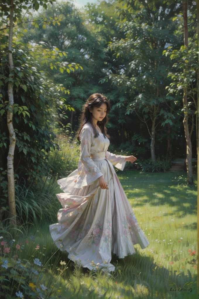 A girl with long, flowing dark hair and vibrant blue eyes stands in a beautiful garden surrounded by colorful flowers and lush greenery. She is wearing a flowing white dress that dances in the gentle breeze. The sunlight filters through the leaves, casting a warm glow on her delicate features. Her lips are full and painted a soft shade of pink. The girl's expression is serene and peaceful, radiating a sense of inner happiness, Indonesian. The artwork is created using traditional mediums, such as oil paints, to achieve a rich and detailed composition. The brushstrokes are applied with precision, capturing every intricate detail of the girl's face and the surrounding nature. The colors are vivid, with a range of hues that enhance the overall visual impact. The image quality is of the highest standard, with a resolution of 4k or 8k, ensuring every brushstroke and texture is displayed in ultra-detailed clarity. The painting is photorealistic, bringing the scene to life with its realistic portrayal of light and shadow. The lighting is soft and natural, creating a gentle ambiance that adds depth and dimension to the artwork. This artwork embraces a portrait style, showcasing the beauty of the girl in the garden. The color palette is dominated by pastel tones, creating a soft and dreamlike atmosphere. The artist has masterfully captured the essence of serenity and tranquility in this piece. Overall, this prompt aims to generate a high-quality digital artwork of a girl in a garden, focusing on her captivating features, the vibrant colors of nature, and the peaceful ambiance of the scene.