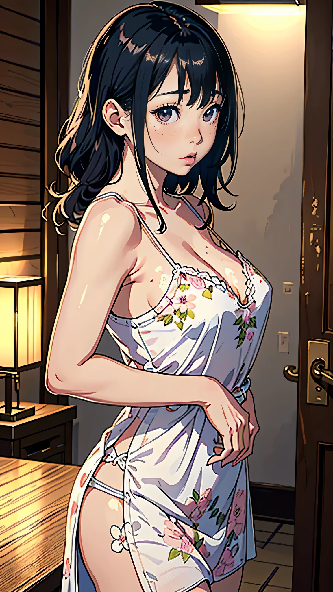 masterpiece, highest quality, (Highly detailed CG Unity 8k wallpaper), (highest quality), (Best illustrations), (Best Shadow), Confused, Realistic lighting, (abyss), Beautiful and delicate shine,Random Pause,((Shiny Silk,Camisole dress with gorgeous details,Floral)),Cute freckles on the cheeks,Mole under left eye, Sunburn mark, Japanese Model,  Young sensual gravure idol, yasumoto oka, A real young gravure idol, A woman who is shy when the camera is pointed at her,Red Sunburn mark,Embarrassing,avert your eyes,Attractive buttocks,Vacuuming,Cowboy Shot,