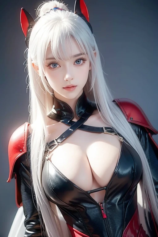 sexy woman, bikini plate armor, seductive pose, seductive face, horny, white hair, red eyes, pale skin