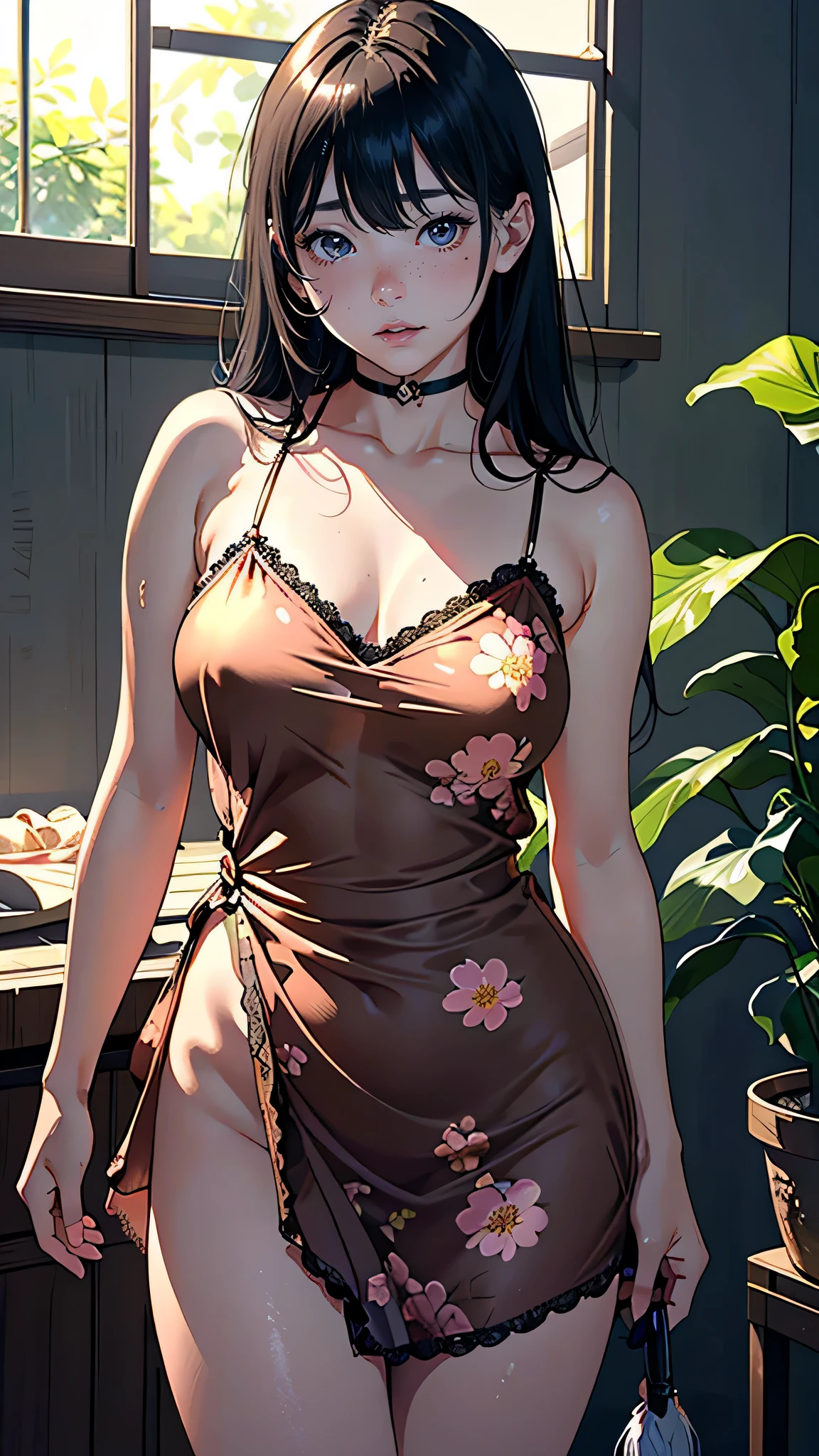 masterpiece, highest quality, (Highly detailed CG Unity 8k wallpaper), (highest quality), (Best illustrations), (Best Shadow), Confused, Realistic lighting, (abyss), Beautiful and delicate shine,Random Pause,((Shiny Silk,Camisole dress with gorgeous details,Floral)),Cute freckles on the cheeks,Mole under left eye, Sunburn mark, Japanese Model, Young sensual gravure idol, yasumoto oka, A real young gravure idol, A woman who is shy when the camera is pointed at her,Red Sunburn mark,Embarrassing,avert your eyes,Attractive buttocks,Vacuuming,Cowboy Shot,