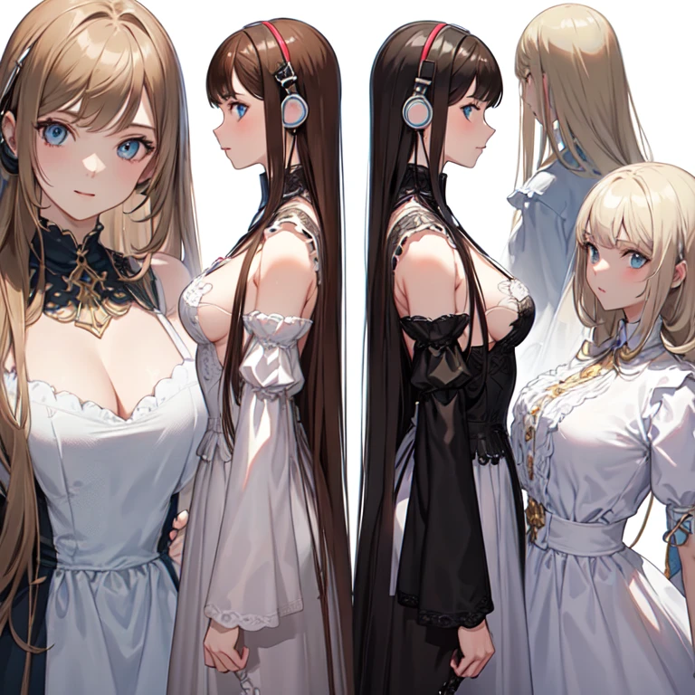 Multiple Views of the same character,Charterner v2, One girl, Slender figure, (Headphones),Brown Hair, Long Hair, blue eyes, same clothes, Concept Art, detailed_face, line_sketch, plan, Official Art, Official Alternative Costumes, Design style, multi style, detailed character, 4_~ side, original, 8K GC, massive detailed, Multiple Views of the same character, White background, character, technical illustration, Multiple Views,masterpiece,highest quality